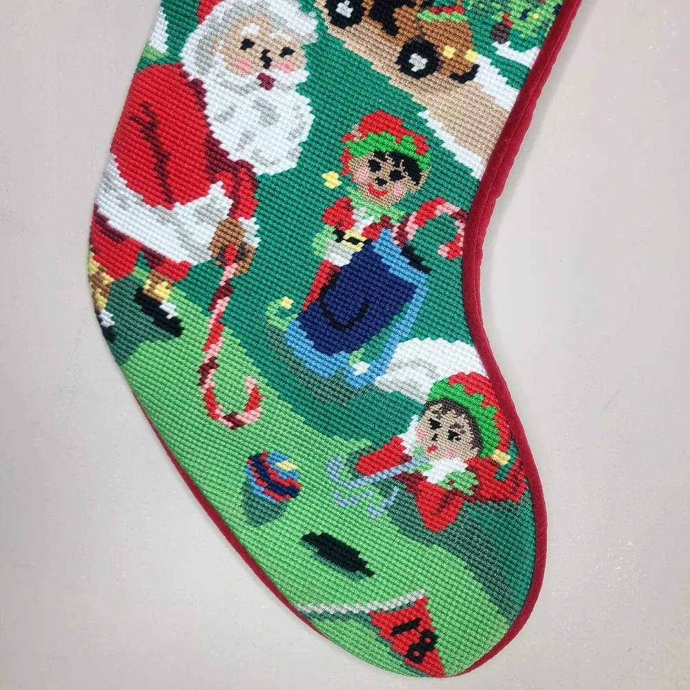 LL Bean Needlepoint‎ Red Christmas Stocking Santa Elves Embroidered Chase